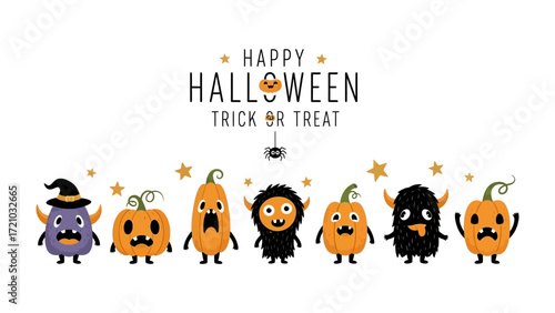 Spooky Halloween characters: A fun collection of adorable cartoon monsters and pumpkins come together to spread festive cheer, with a Happy Halloween banner displayed proudly.