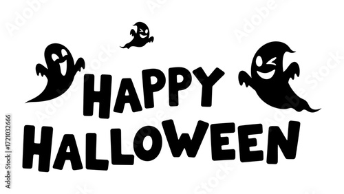 Happy Halloween Text with Ghosts: A playful and festive design featuring a Happy Halloween message, surrounded by whimsical silhouettes of friendly ghosts.
