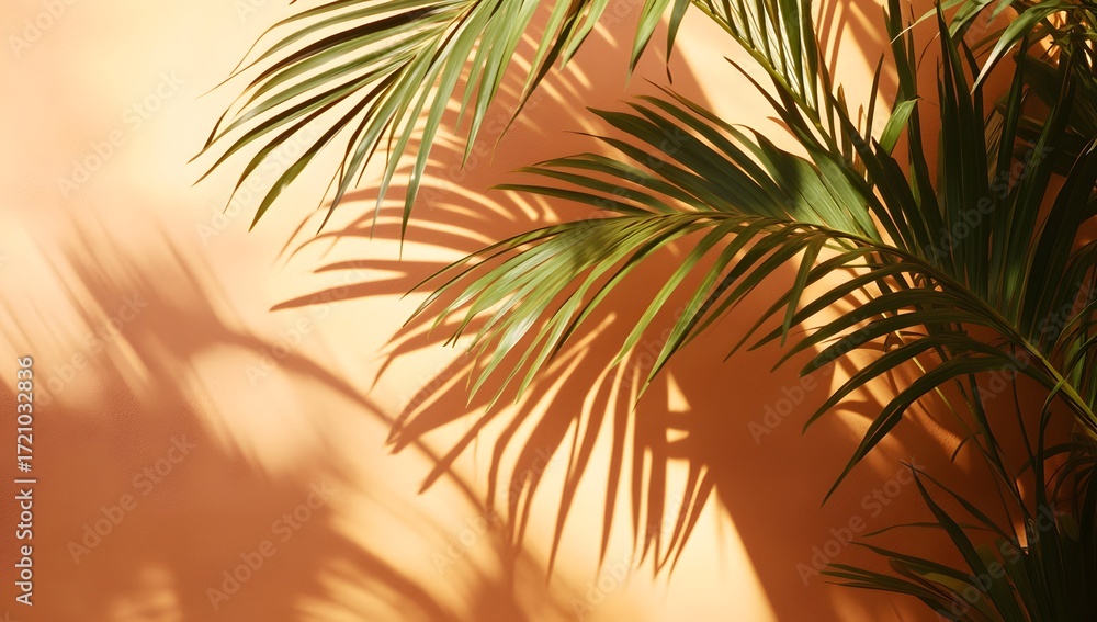 Fototapeta premium Sunlit palm leaves casting shadows on light orange wall