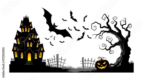 Spooky Halloween Scene: A chilling Halloween scene features a silhouette of a haunted house with glowing windows, menacing bats, a gnarled tree.