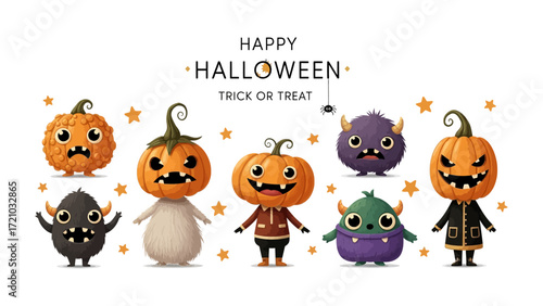 Happy Halloween Illustration: A whimsical, playful scene unfolds featuring an array of adorable, cartoonish monsters and pumpkins, perfect for a spooky holiday.