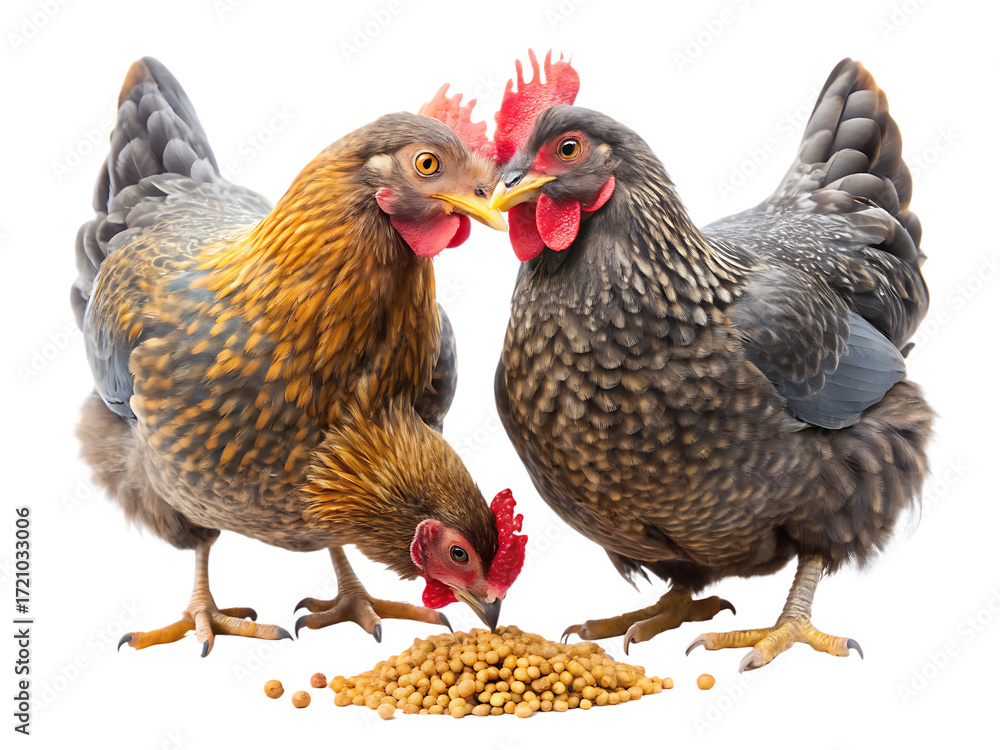 Fototapeta premium Two chickens eating feed on white background isolated on a transparent background