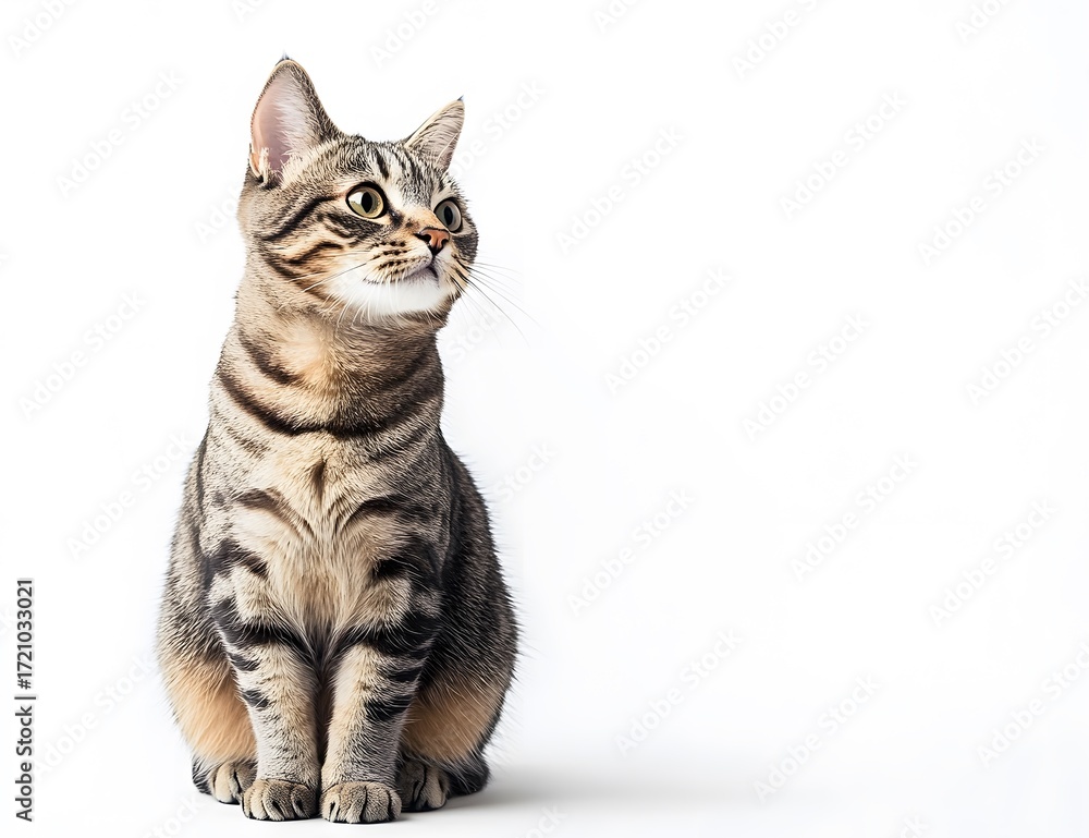 Obraz premium Tabby cat with stripes sitting on white background looking curious
