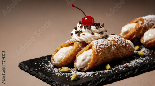Sicilian cannoli with ricotta cheese, whipped cream, candied cherries and pistachios on black slate
