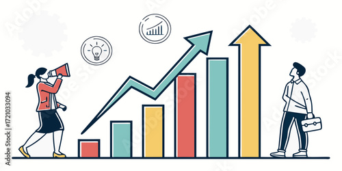 Business growth shown with bar graph and people on either side of the chart illustration design | svg ,png & jpeg silhouette