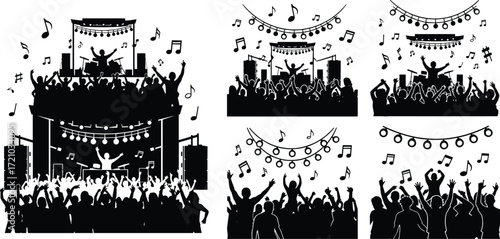 Concert crowd celebration, live music festival, energetic stage performance, cheering audience, nightlife entertainment, party atmosphere, dance event, musical celebration, excitement, joy