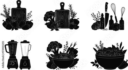 Cooking silhouette illustration, kitchen utensils, vegetable bowl, blender icon, healthy food preparation, herbs, leafy greens, culinary design, black and white vector