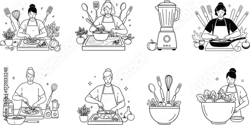 Cooking illustration, food preparation, kitchen utensils, mixing bowl, blender with fruits, cutting board, frying pan, salad bowl, culinary design, black and white vector