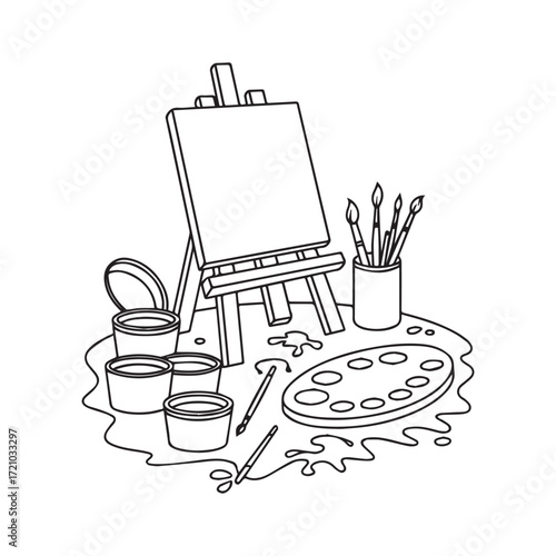 Artist Easel with Canvas, Paint Pots, Brushes, Palette and Splashes Line Art.