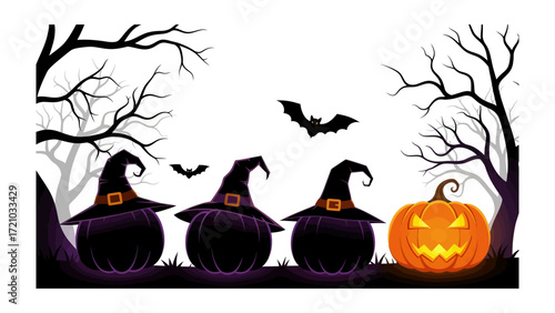 Halloween Gathering: A festive Halloween scene, featuring three pumpkin wearing witch hat, a smiling jack-o'-lantern and bats flying in the moonlit sky. A whimsical illustration