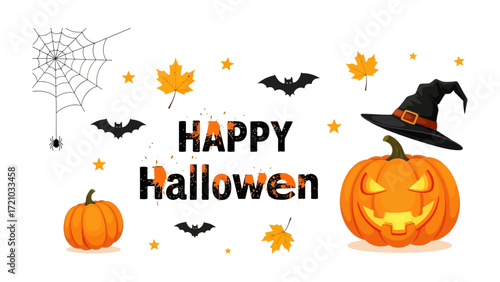 Halloween Decorations: A festive and creative illustration with jack-o'-lantern, witch's hat, bats, spiders, autumn leaves and spiderweb, perfect for setting a spooky mood and celebrating the holiday.
