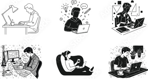 Digital work illustration, creative design, laptop user, data analysis, podcast recording, remote work, content creation, online learning, black and white vector