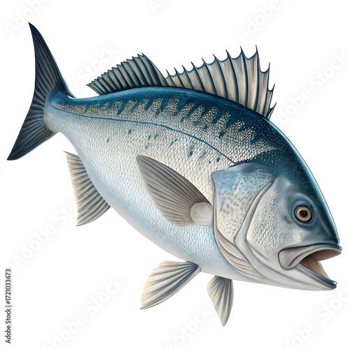 Detailed illustration of a large silver blue fish with open mouth on black background