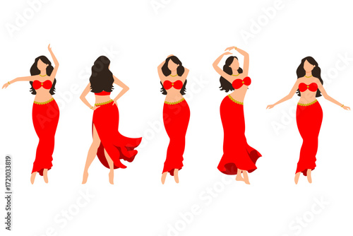 A young female belly dancer performing traditional dance moves and poses at a club, party or class while wearing a red costume with jewelery isolated on a white background