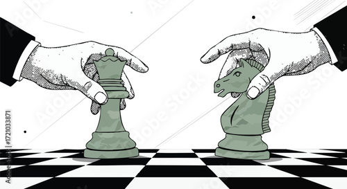 Strategic hands make decisive moves with queen and knight chess pieces, symbolizing business competition and smart planning on a checkered board.