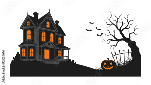 Spooky House on Halloween Night: A foreboding silhouette of a haunted house stands against a dark night, with the menacing glow of a jack-o'-lantern adding an eerie atmosphere.