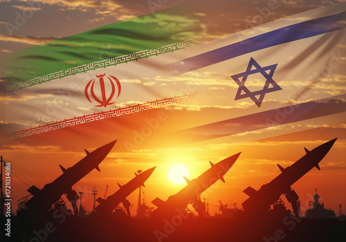 Silhouette of missiles against a sunset sky with the flags of iran and israel superimposed, symbolizing conflict and tension between the two nations