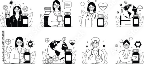Healthcare vector illustration, doctor, nurse, global medicine, medical research, stethoscope, syringe, pill bottle, virus, heart health, black white design