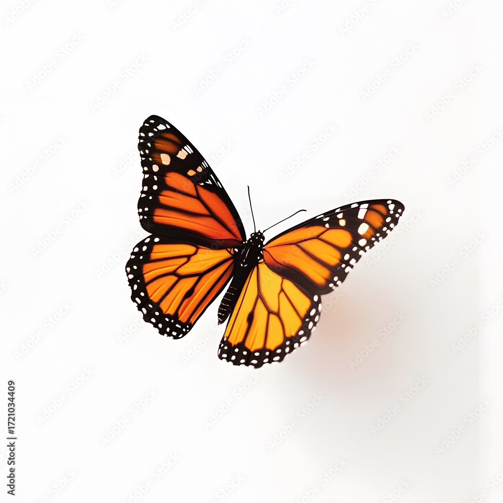 Fototapeta premium Vibrant monarch butterfly on white background: wings open and detailed patterns