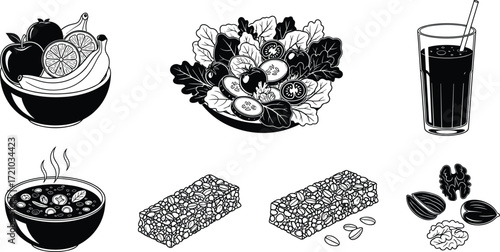 Healthy food illustration, fruit bowl, salad bowl, soup bowl, nuts and seeds, granola bars, beverage glass, nutrition concept, black and white vector
