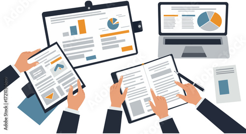 business meeting analysis hands reviewing reports laptop with data charts office workspace for collaboration and strategic planning insights