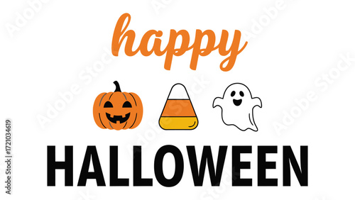 Happy Halloween illustration: A festive composition of a carved pumpkin, candy corn, and a friendly ghost. Happy Halloween text, conjuring the fun and mystery of this spooky time.