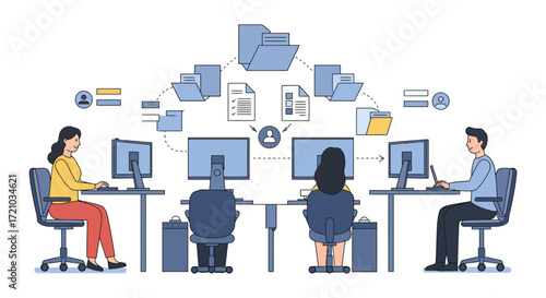 business data sharing team works at desks transmitting files securely illustrating teamwork efficient workflow for digital marketing content