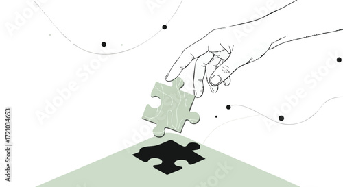 Hand placing puzzle piece into a puzzle, completing the task.