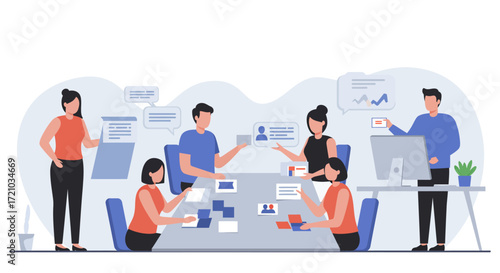 Business meeting brainstorming at office team collaboration discussing ideas reviewing documents and graphics at the table for corporate strategy and teamwork.