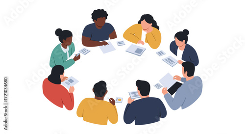 Business meeting around a round table discussing ideas and planning strategies in a modern office illustrating teamwork and collaboration.