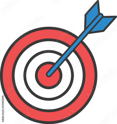 A blue arrow hitting the bullseye of a red and white target, symbolizing accuracy and success.