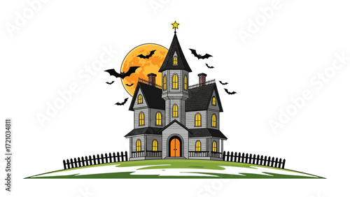Spooky haunted mansion with bats and full moon: A creepy haunted mansion on a hill, with bats flying in front of a full moon, evoking an eerie atmosphere, perfect for Halloween.