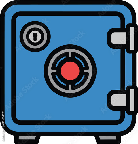 A blue safe with a circular dial and a keyhole, representing security and storage.