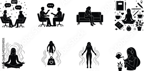 Mental health vector illustration, therapy, counseling, mindfulness, meditation, self care, stress relief, emotional wellness, personal growth, black white design