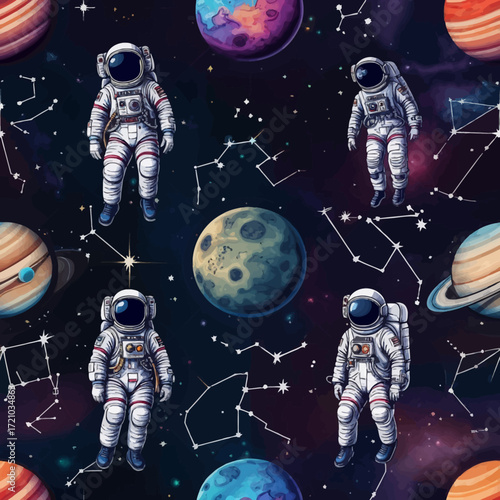 Astronauts floating among planets and constellations creating a whimsical space pattern ideal for backgrounds wallpapers or educational materials.