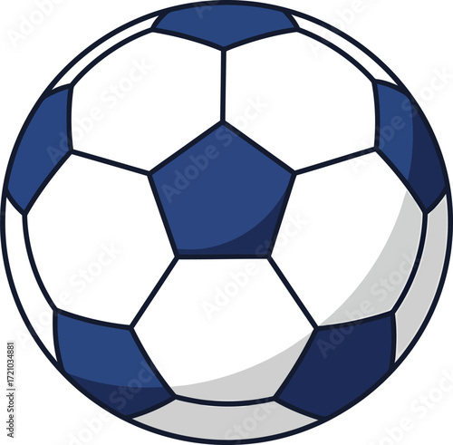A classic black and white soccer ball with blue pentagons and white hexagons.