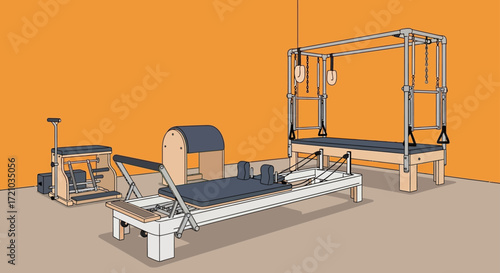 pilates equipment illustrating exercise and fitness with pilates reformer wunda chair and trapeze table in a gym setting for strength training health