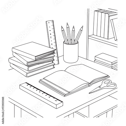 Child-Friendly Desk with Books, Pencils, Scissors, and Shelf for Coloring Fun Line Art.