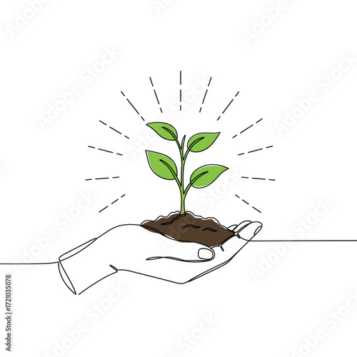 Illustration of a hand holding a small plant sprouting with light rays emanating from it, symbolizing growth and new beginnings