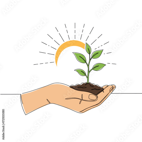 Hand nurturing a growing plant with the sun in the background, symbolizing growth and sustainability