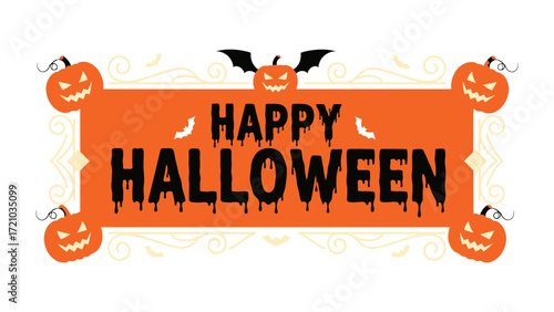 Spooky Halloween greeting design: a striking visual greeting that captures the essence of Halloween with grinning pumpkins, bats, and Happy Halloween text. 