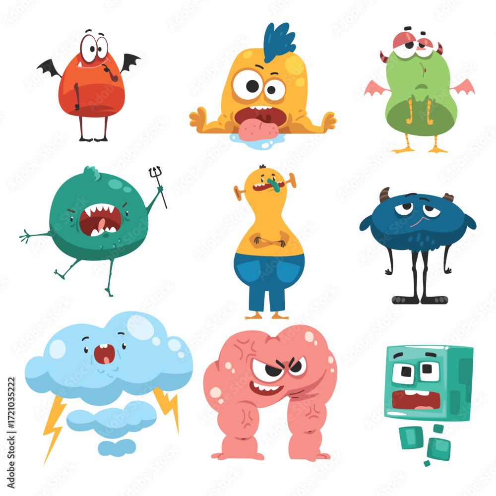 Fototapeta premium Comic Monsters with Funky Face Having Fun Vector Set