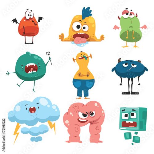 Comic Monsters with Funky Face Having Fun Vector Set