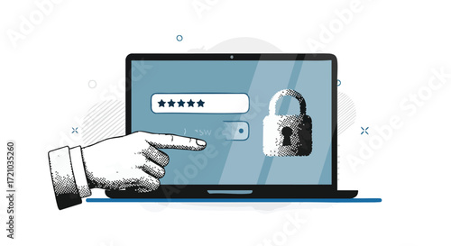 A hand pointing to a password field on a laptop screen with a padlock icon, symbolizing digital security and login.