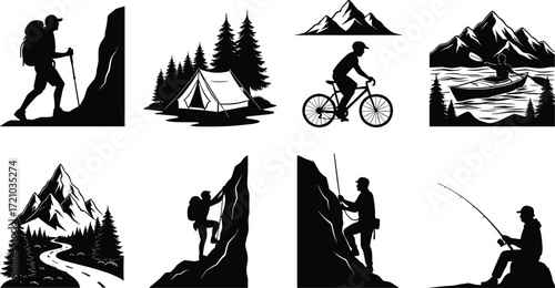 Outdoor adventure vector illustration, hiking, camping, cycling, canoeing, fishing, rock climbing, mountain trail, forest, exploration, wilderness, black white design