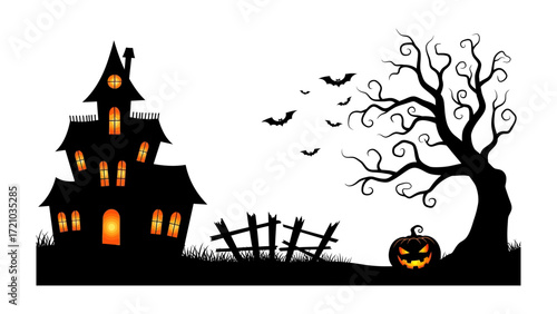 Spooky Halloween: A silhouetted haunted house, perched on a hill, stands in the chilling evening air. With ominous trees, bats, and a carved pumpkin adding to the scene.