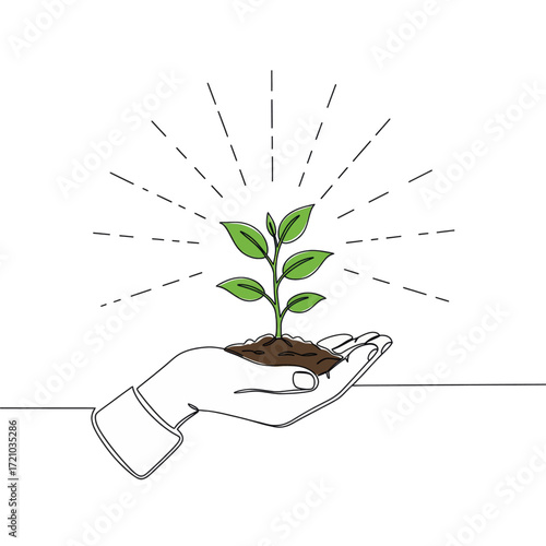 Nurturing Growth A Hand Gently Holds a Sprout with Rays of Light Emitting from Above