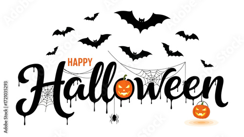 Spooky Halloween Display: The whimsical Halloween greeting card presents the iconic symbols of the holiday in a graphic display. Spiders, bats, pumpkin.