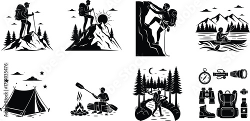 Outdoor adventure vector illustration, hiking, camping, kayaking, rock climbing, mountain summit, campfire, forest trail, backpacking, nature exploration, black white design