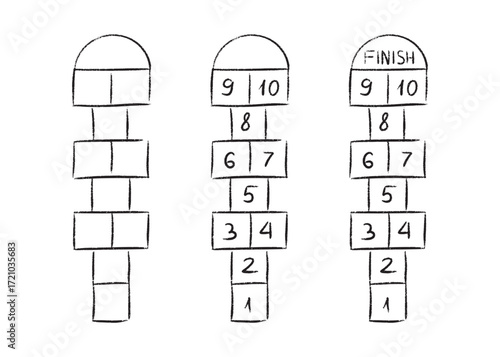 Hopscotch game chalk drawing on playground street for school children hop and scotch activity. Classic outdoor jumping pattern with finish marker at top. Traditional kids recreation design.